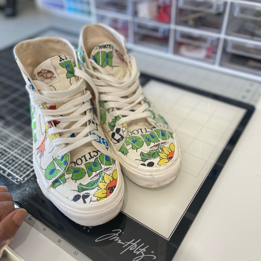 Free People Vans White Sneakers with Green and Yellow Accents